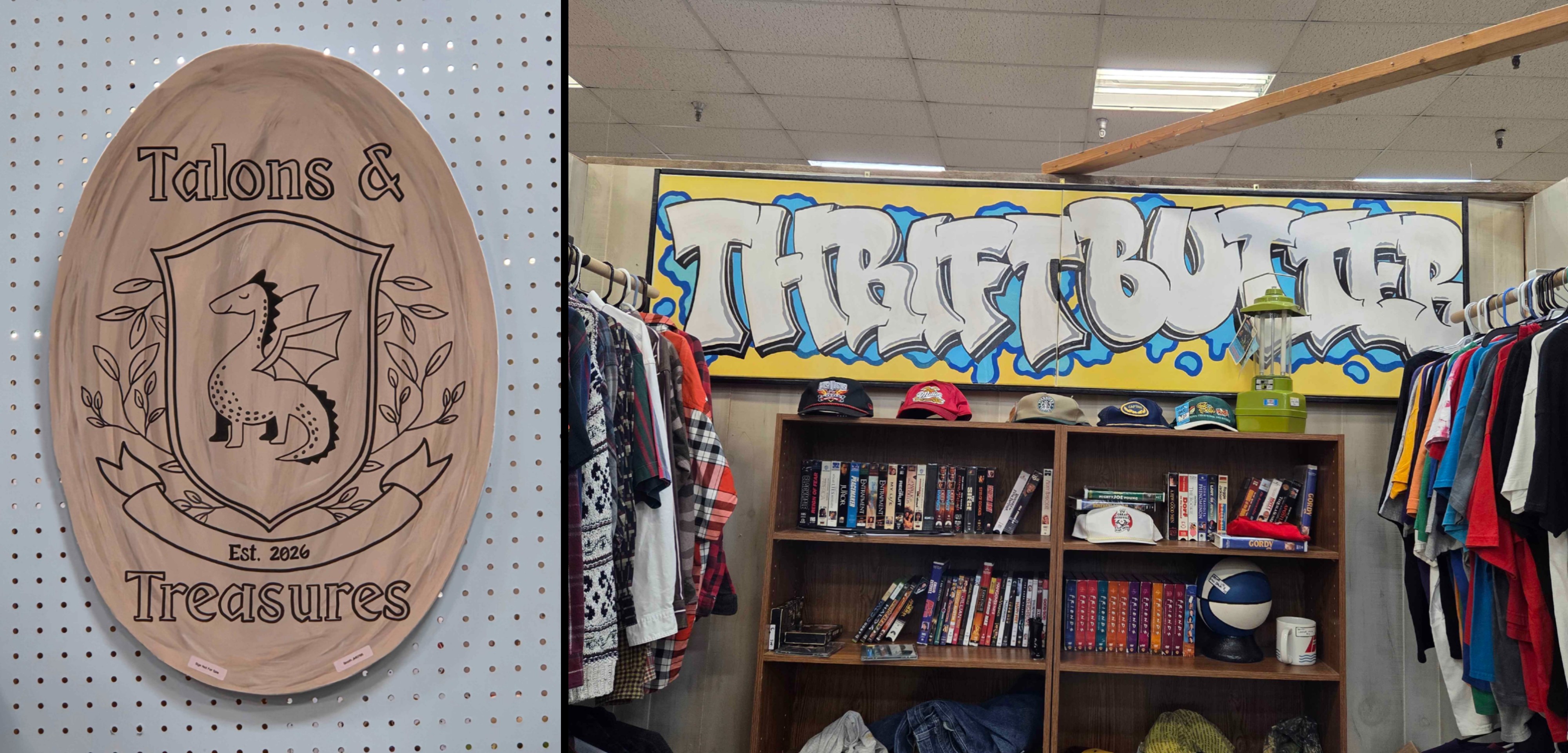 A picture of signs titled 'Talons and Teasures' and 'Thriftbutter'. The 'Talons and Treasures' sign is wooden with a design, while the 'Thriftbutter' sign is spray painted.