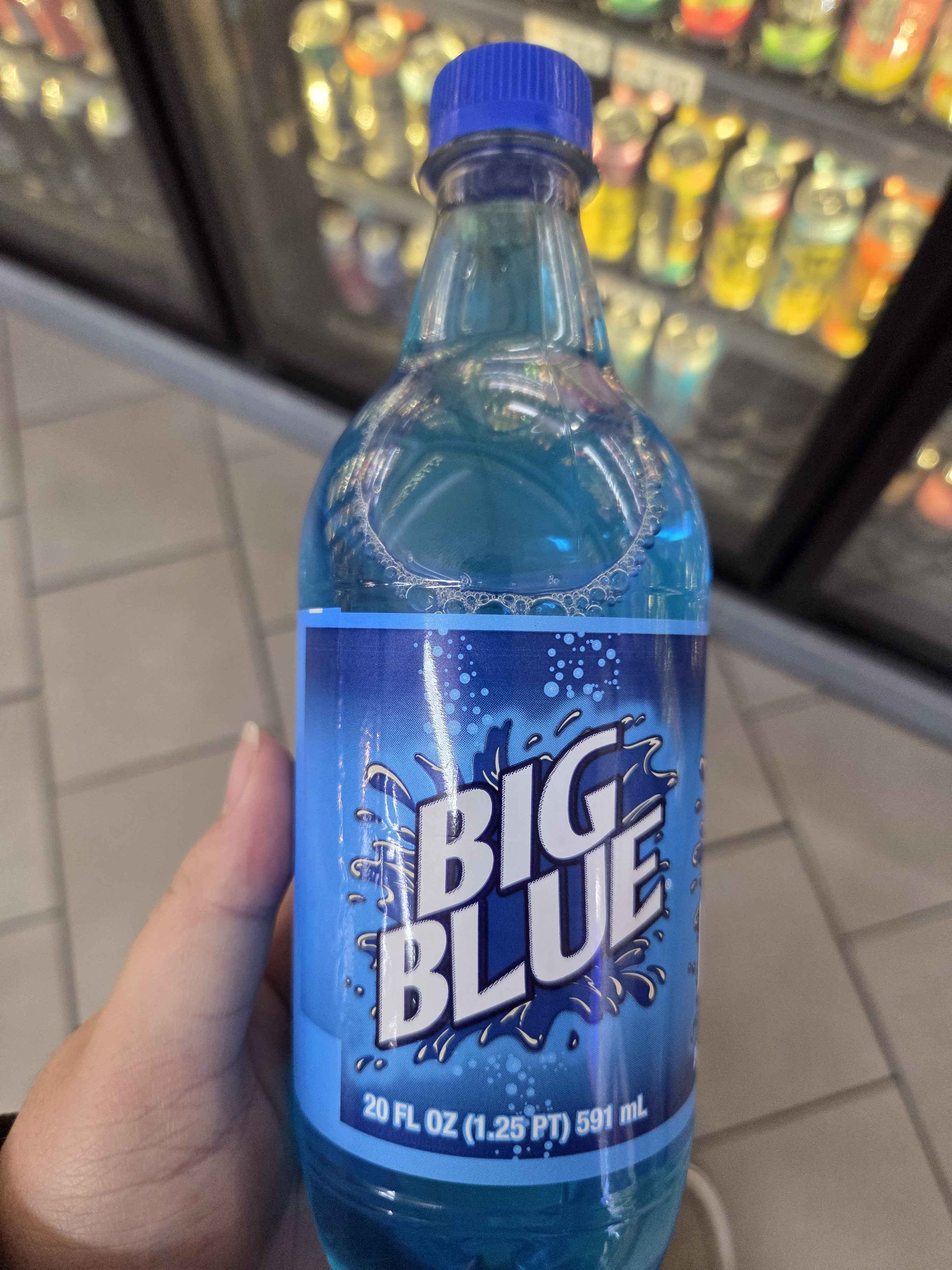 blue colored soda bottle with the name 'Big Blue'
